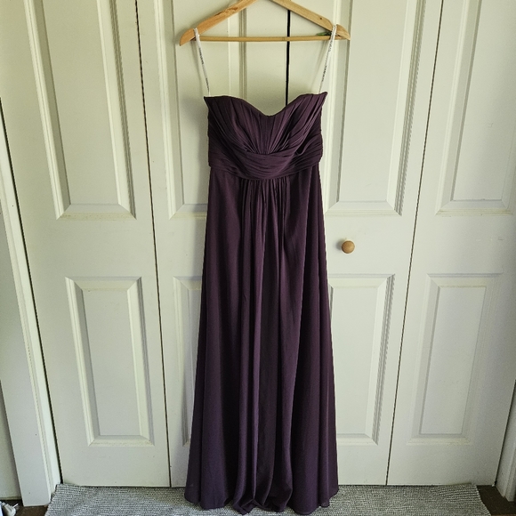 David's Bridal Long Strapless Plum Chiffon Dress Style F15555 Size 8 - Picture 6 of 14